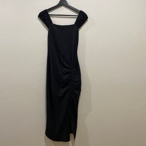 Stitch & Pine Black Cap Sleeve Side Ruching Midi Dress Size XS